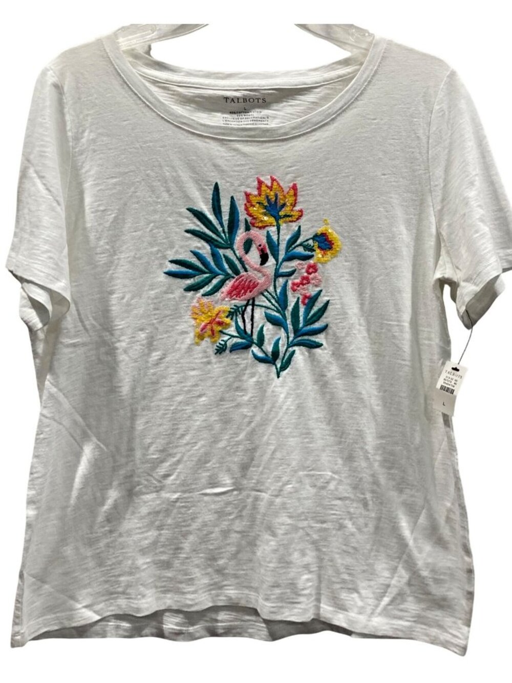 Talbots Flamingo Embroidered Tee L White Coastal Resort Cottage Vanilla Girl